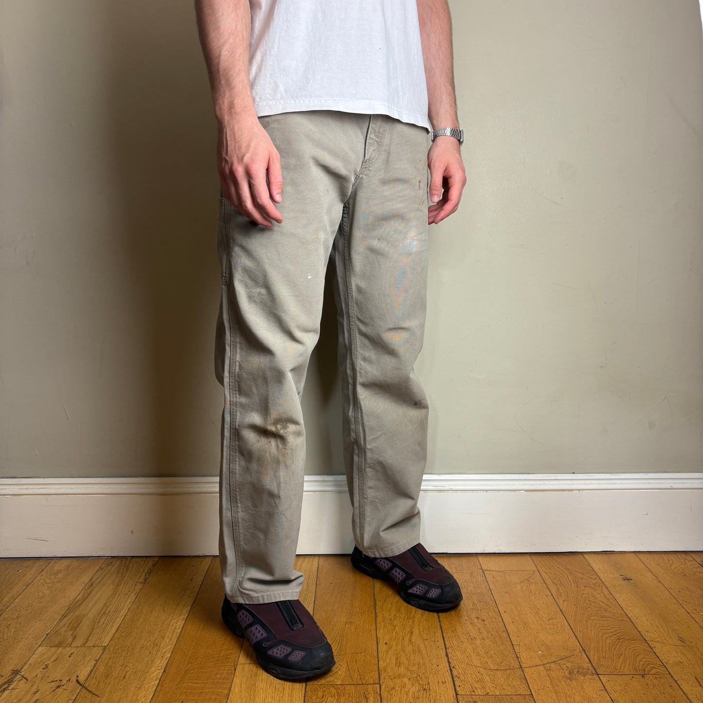Vintage Carhartt Brown Cream Workwear Carpenter Baggy Trousers - 32R