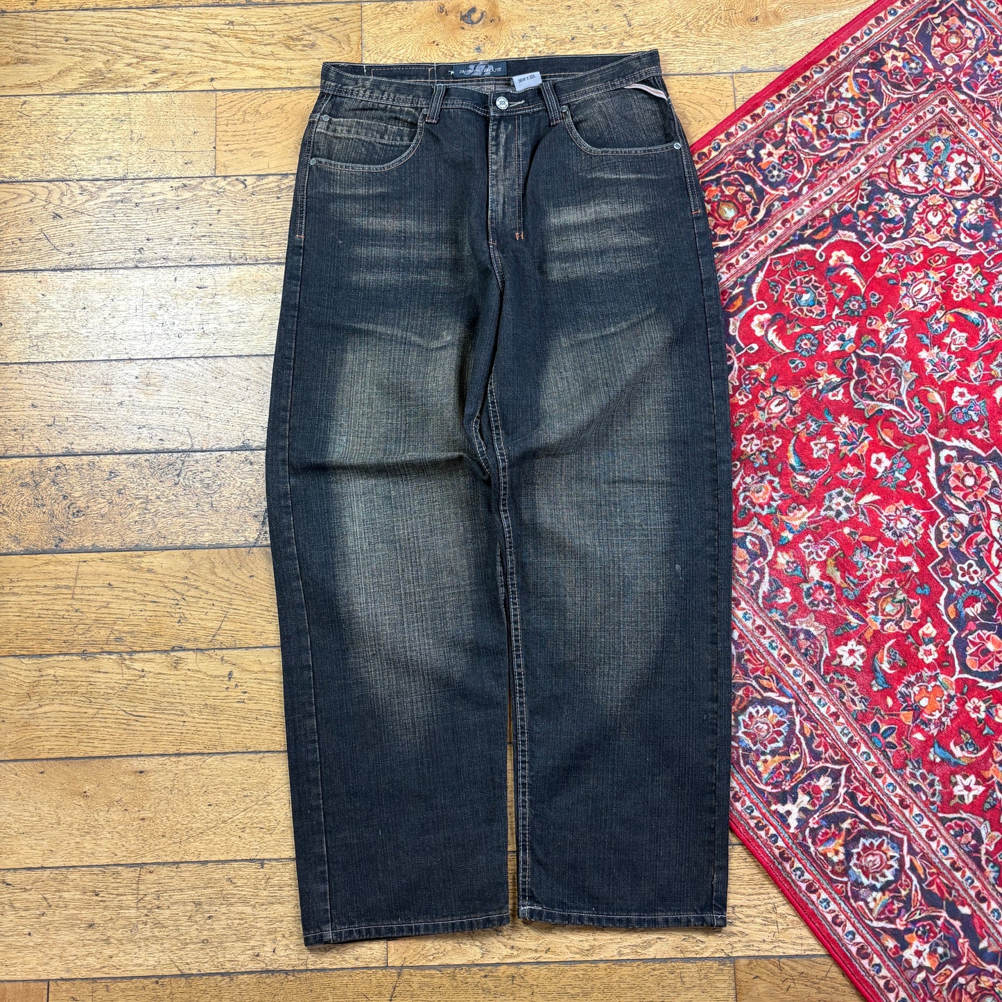 Vintage Black Embroidered Y2K Hip Hop Baggy Jeans - 36