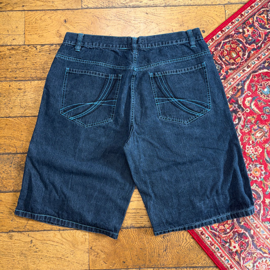 Vintage Qruel Navy Embroidered Y2K Hip Hop Baggy Jeans Shorts Jorts - 38