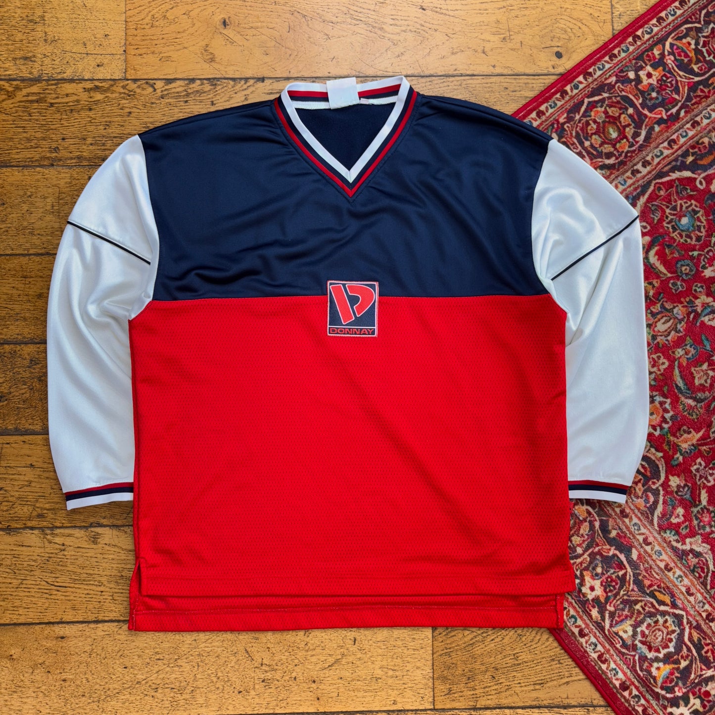 Vintage 90s Donnay Embroidered Long Sleeve Red Navy Grey Sports T-Shirt - XL