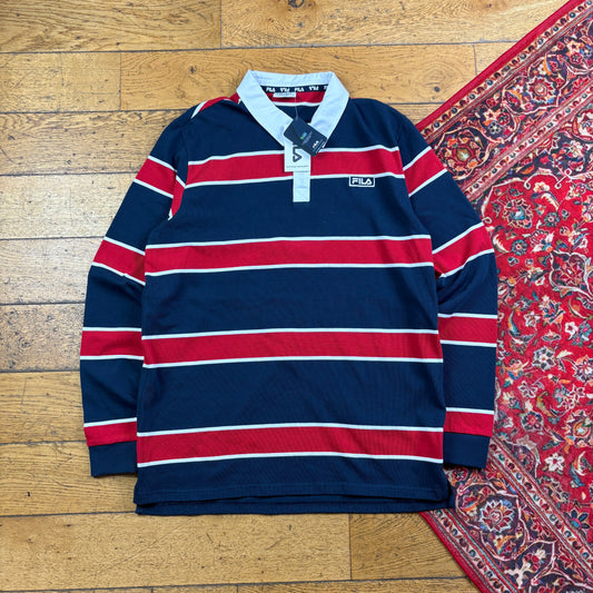 Vintage Fila Navy Red Stripe Rugby Polo Shirt - M