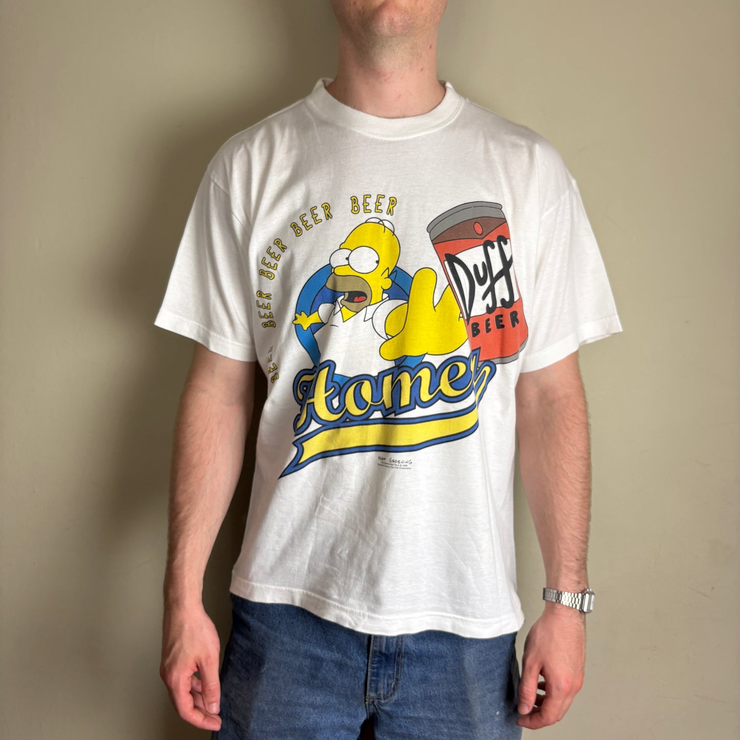 Vintage 1999 Simpsons White Homer Beer Duff Graphic T-Shirt - M