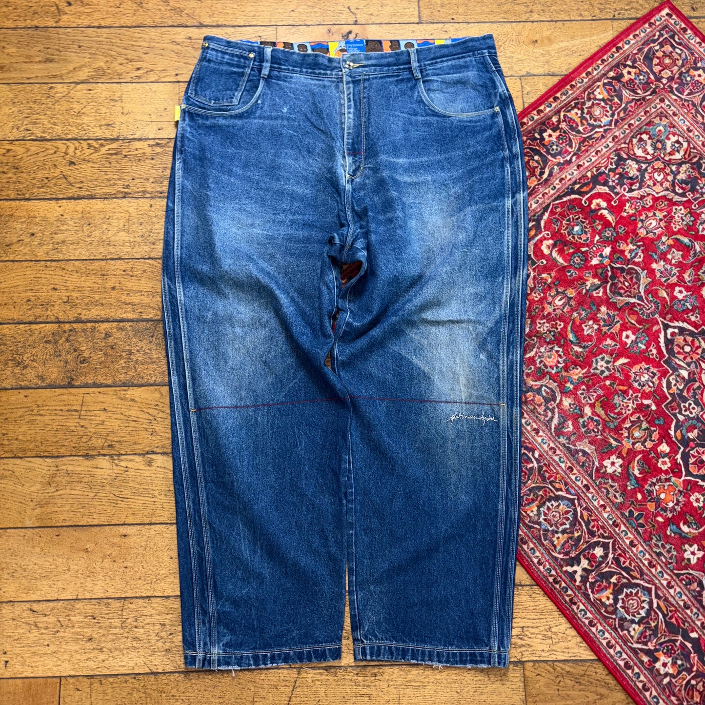 Vintage Platinum Fubu Blue Embroidered Y2K Hip Hop Baggy Jeans - 48L