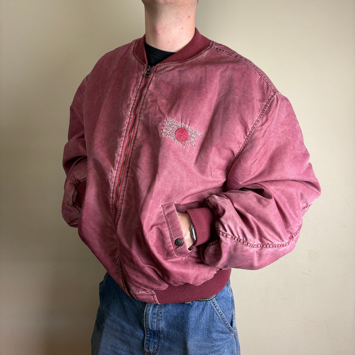 Vintage Pink Burgundy Embroidered Bomber Jacket - XL