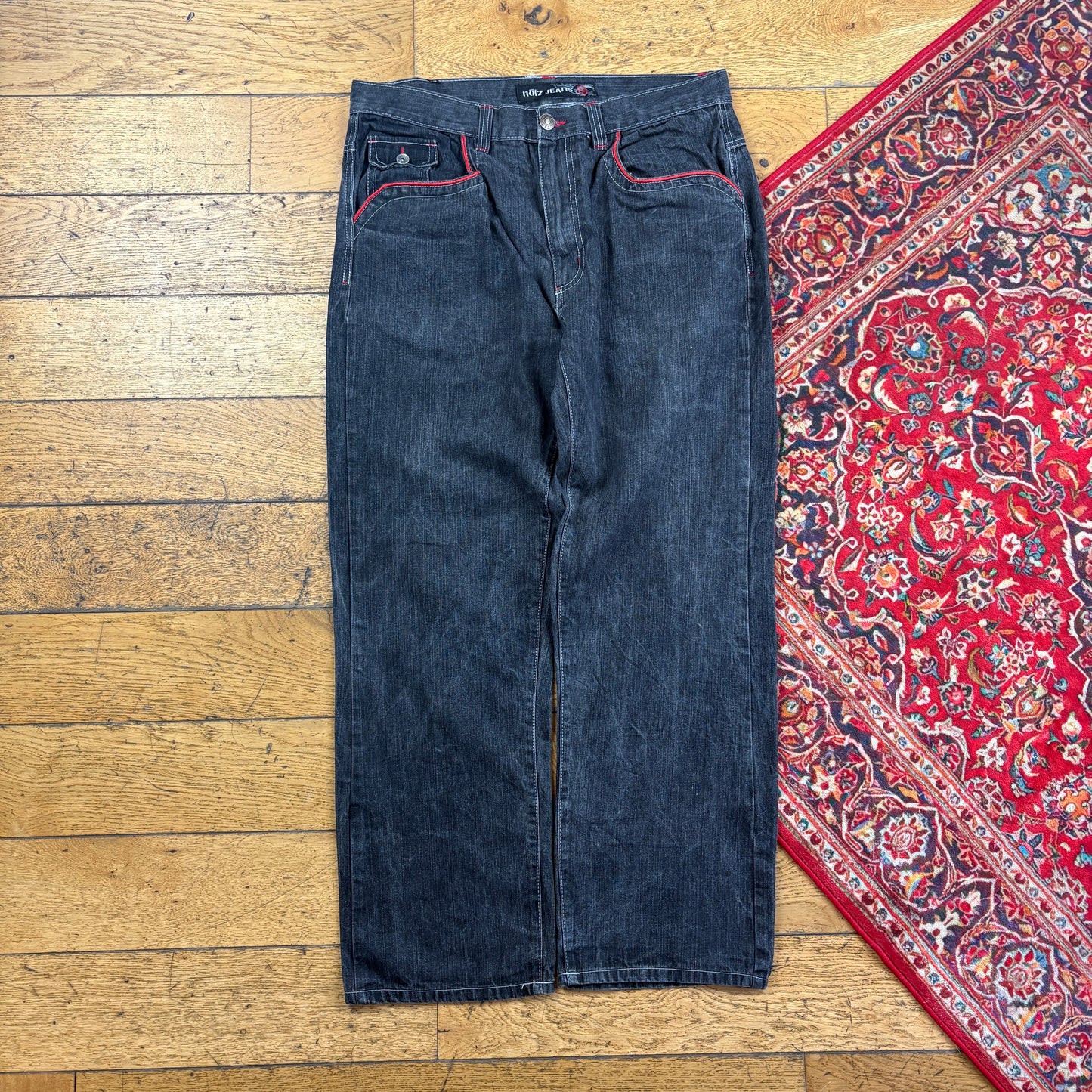 Vintage Noiz Jeans Black Embroidered Y2K Hip Hop Baggy Jeans - 36