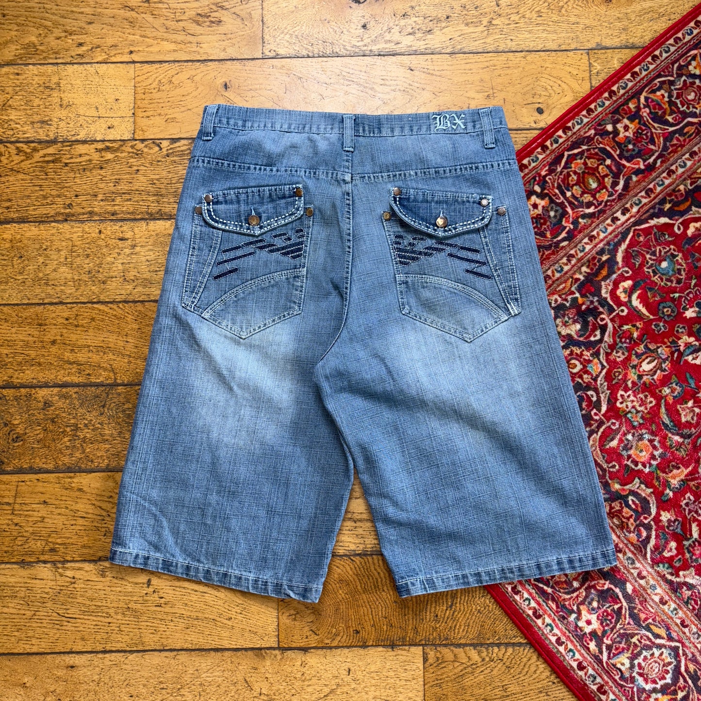 Vintage Embroidered Hip Hop Baggy Blue Shorts Jorts -  36