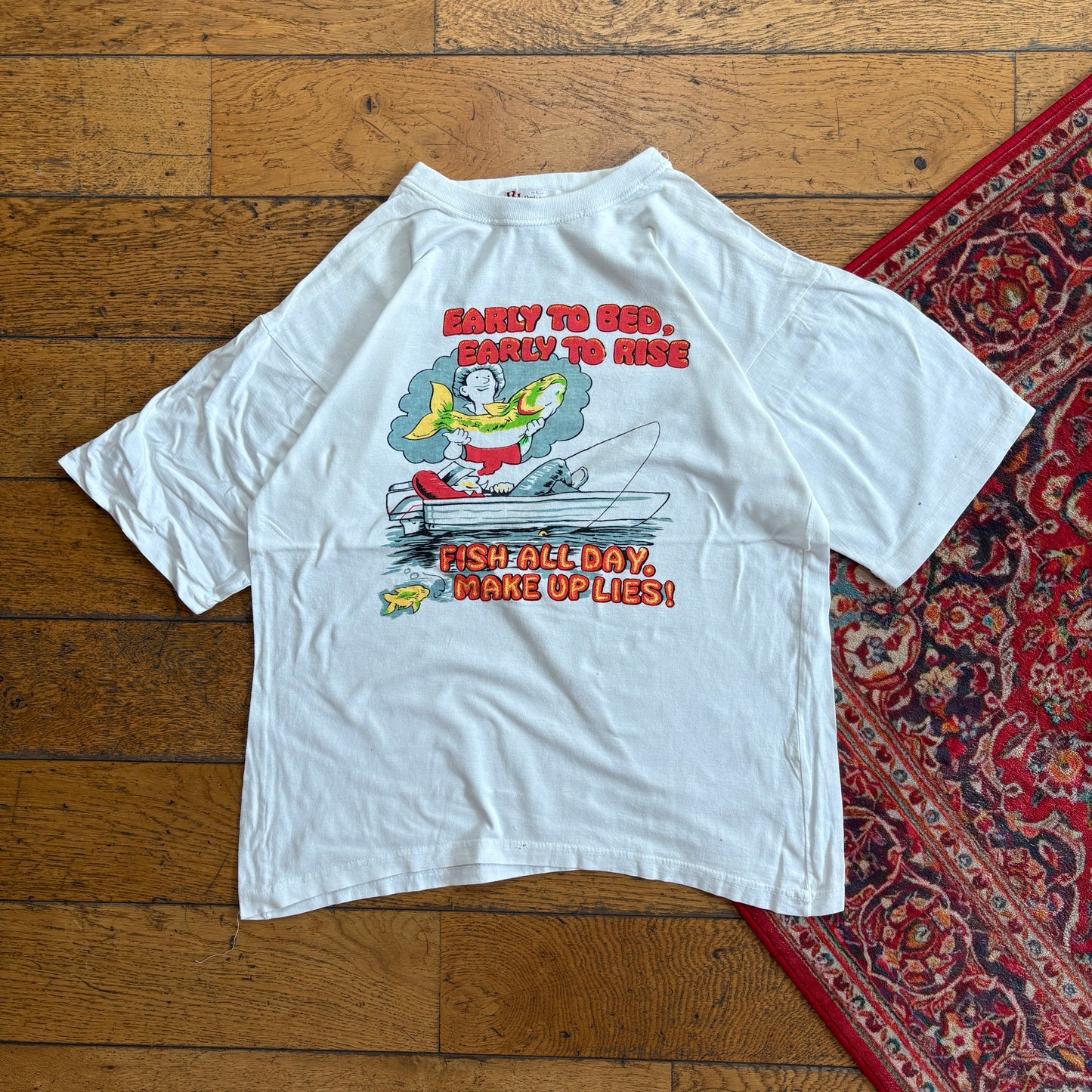 Vintage 90s Fishing Funny White Single Stitch Graphic T-Shirt - S