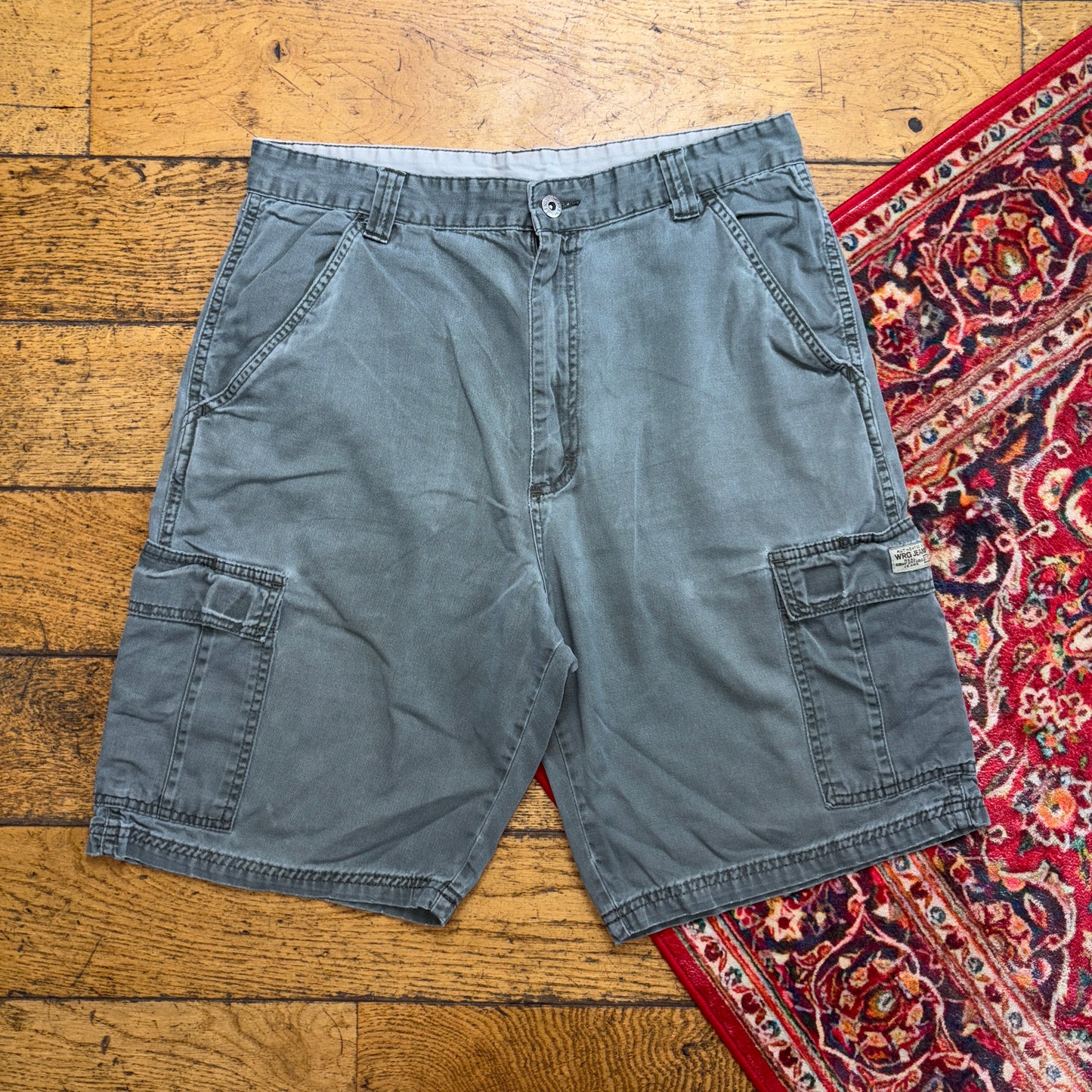 Vintage Wrangler Green Grey Y2K Cargo Baggy Shorts Jorts - 32