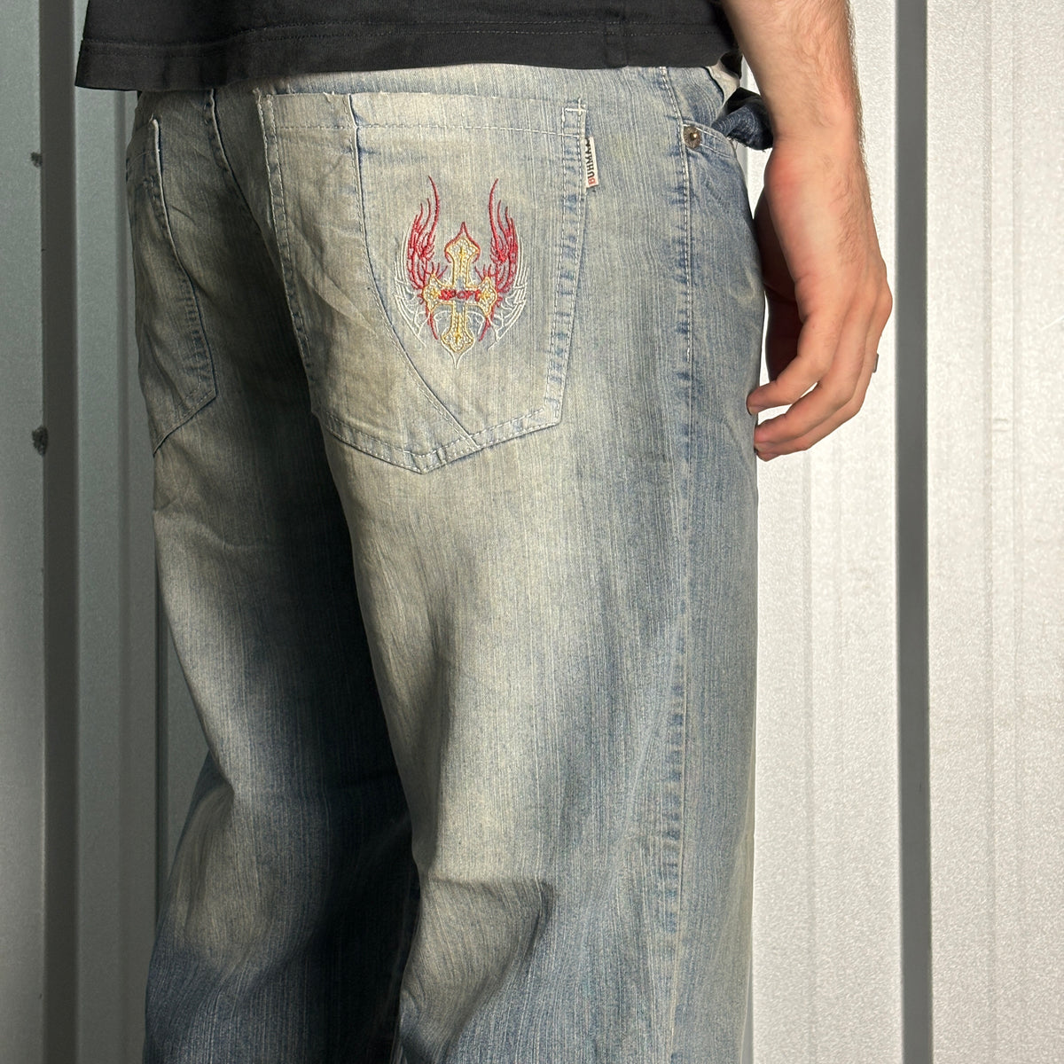 Embroidered Blue Crucifix Japanese Denim Hip Hop Y2K Baggy Jeans - 34S