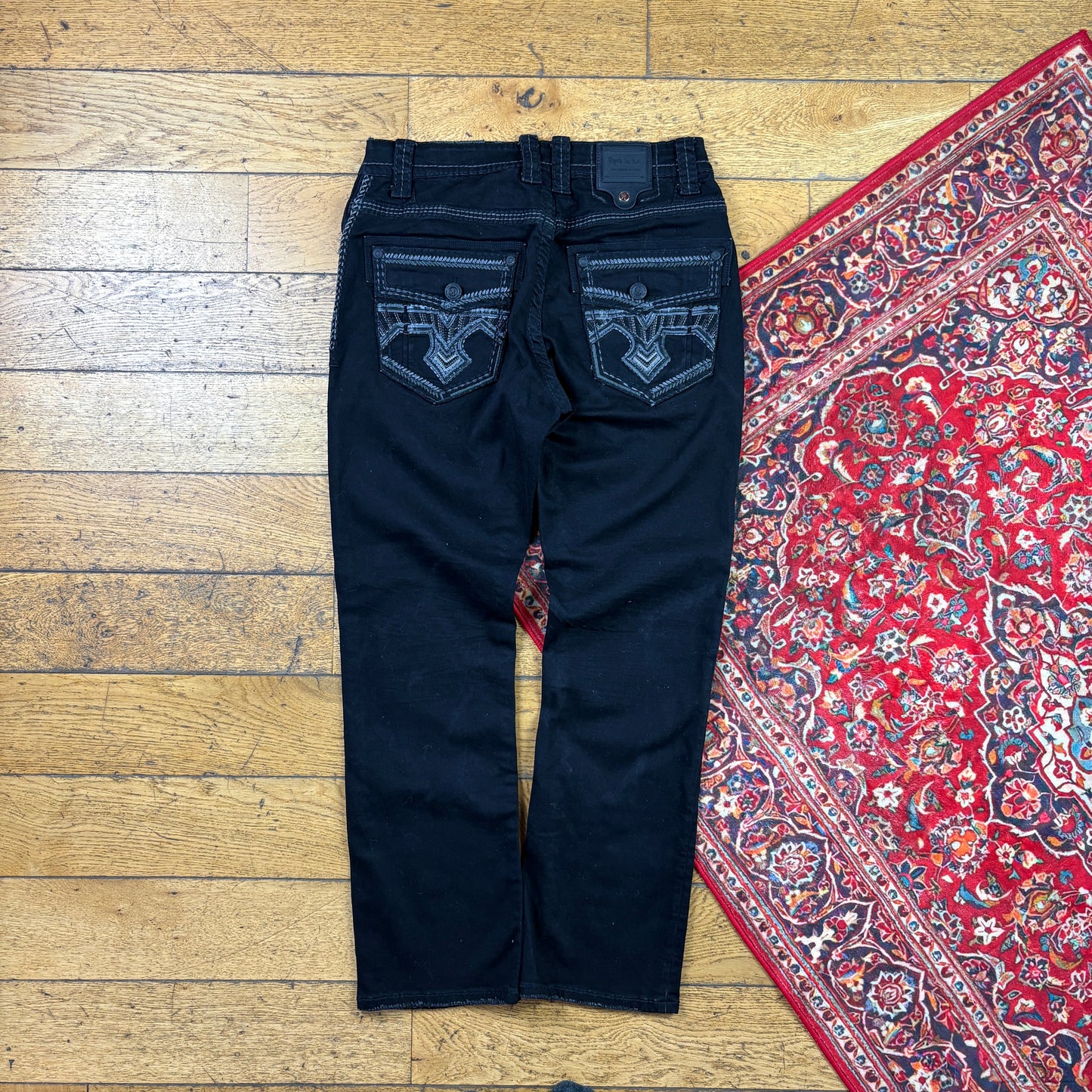 Vintage Rock Revival Style Black Embroidered Y2K Hip Hop Straight Jeans - 38
