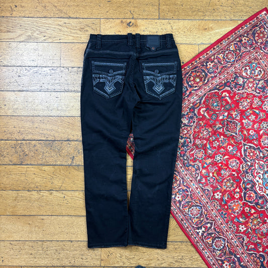 Vintage Rock Revival Style Black Embroidered Y2K Hip Hop Straight Jeans - 38