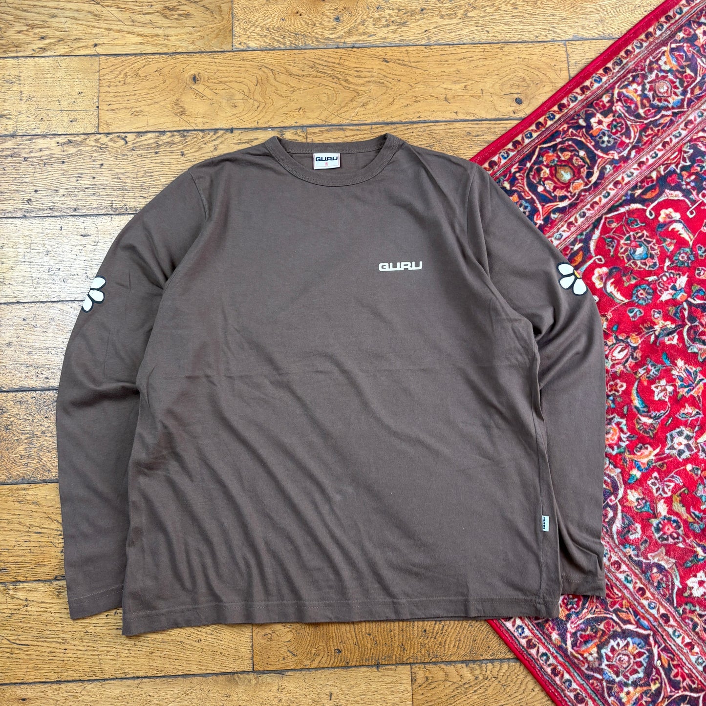 Vintage Guru Brown Skate Long Sleeve Flower Graphic T-Shirt - L