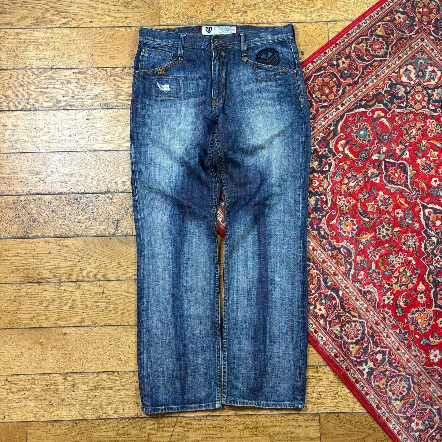 Vintage Artful Dodger Blue Embroidered Y2K Hip Hop Baggy Jeans - 36