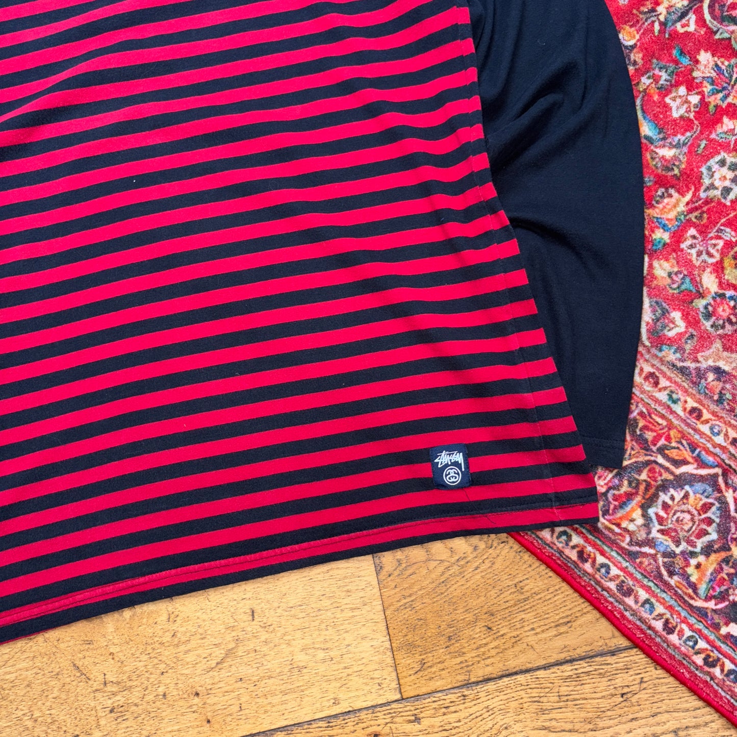 Vintage Stussy Red Black Stripe Long Sleeve Graphic T-Shirt - L