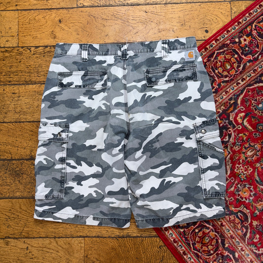 Vintage Carhartt Grey Camo Workwear Baggy Carpenter Shorts - 36