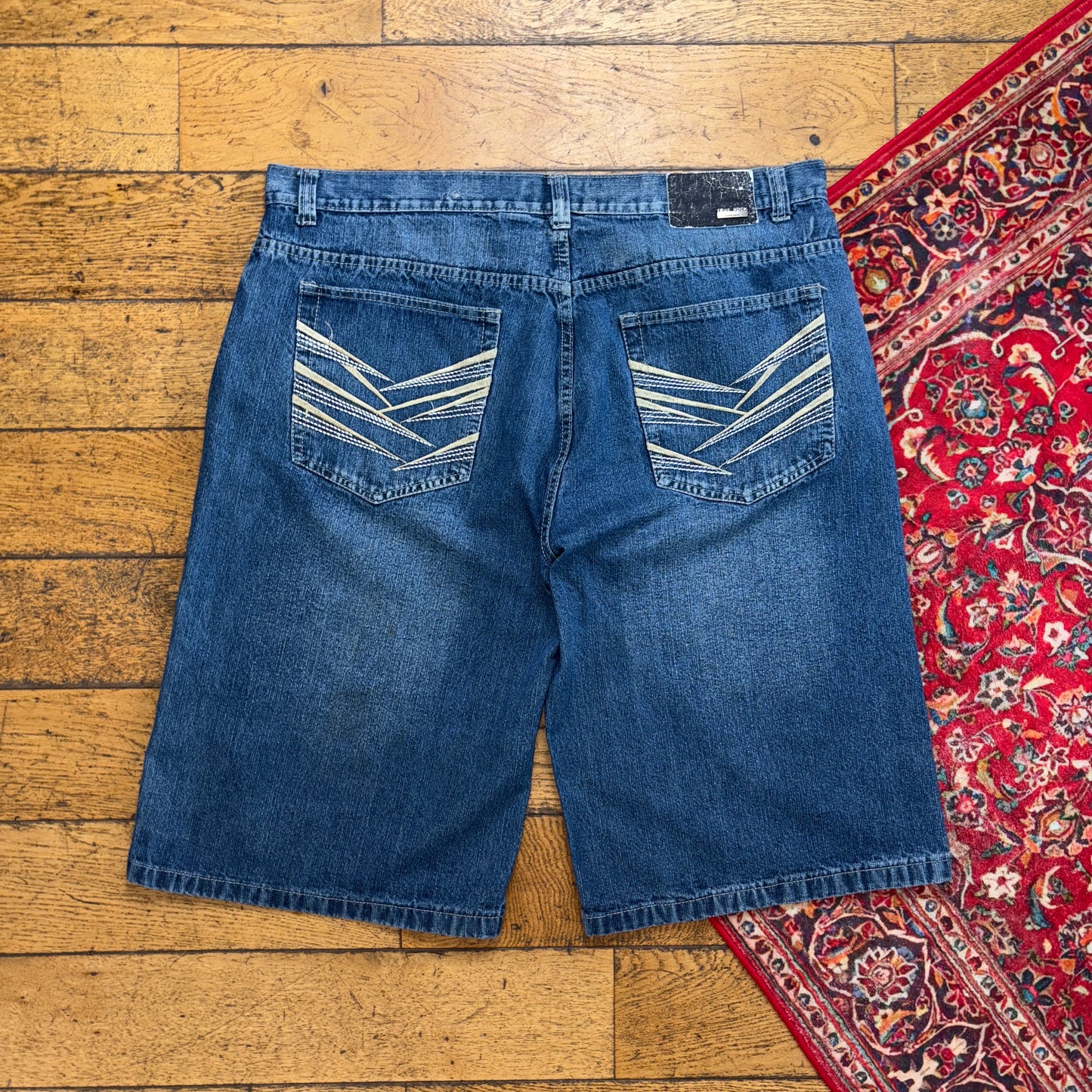 Vintage True Rock Blue Embroidered Y2K Hip Hop Baggy Jeans Shorts Jorts - 42