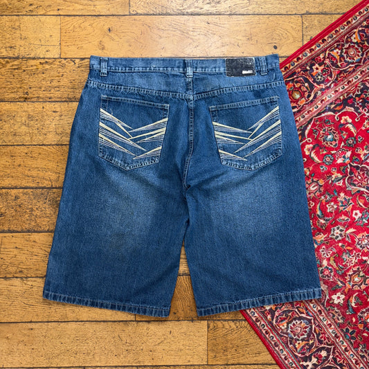 Vintage True Rock Blue Embroidered Y2K Hip Hop Baggy Jeans Shorts Jorts - 42