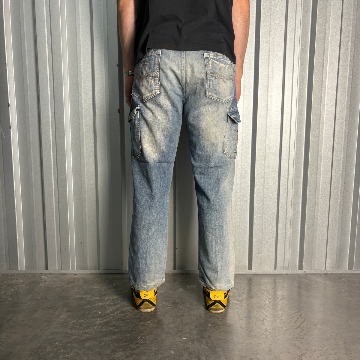 Embroidered Blue Cargo Japanese Denim Hip Hop Y2K Baggy Jeans - 34S