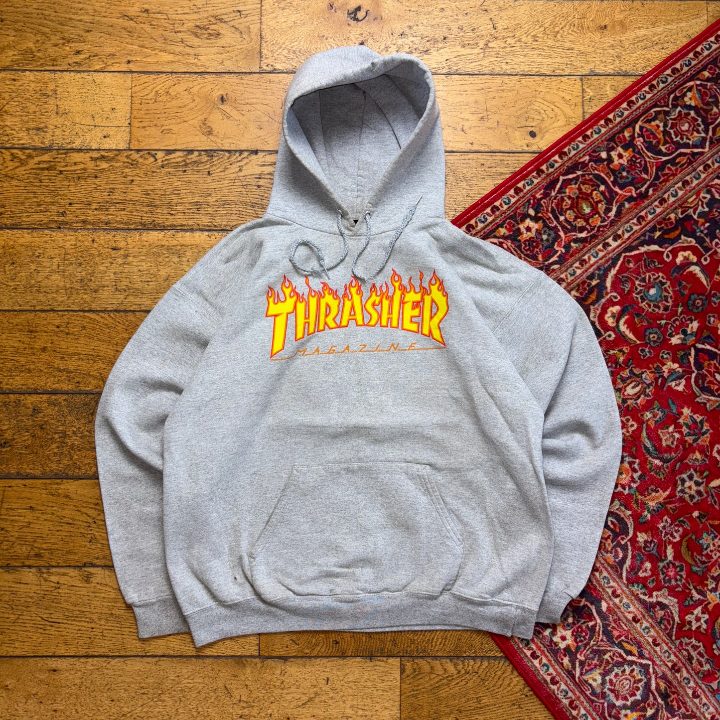 Vintage Thrasher Grey Skate Flames Hoodie Sweatshirt - M