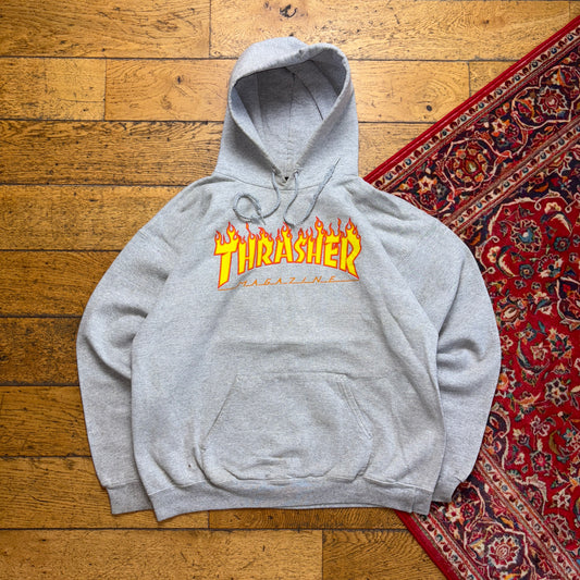 Vintage Thrasher Grey Skate Flames Hoodie Sweatshirt - M