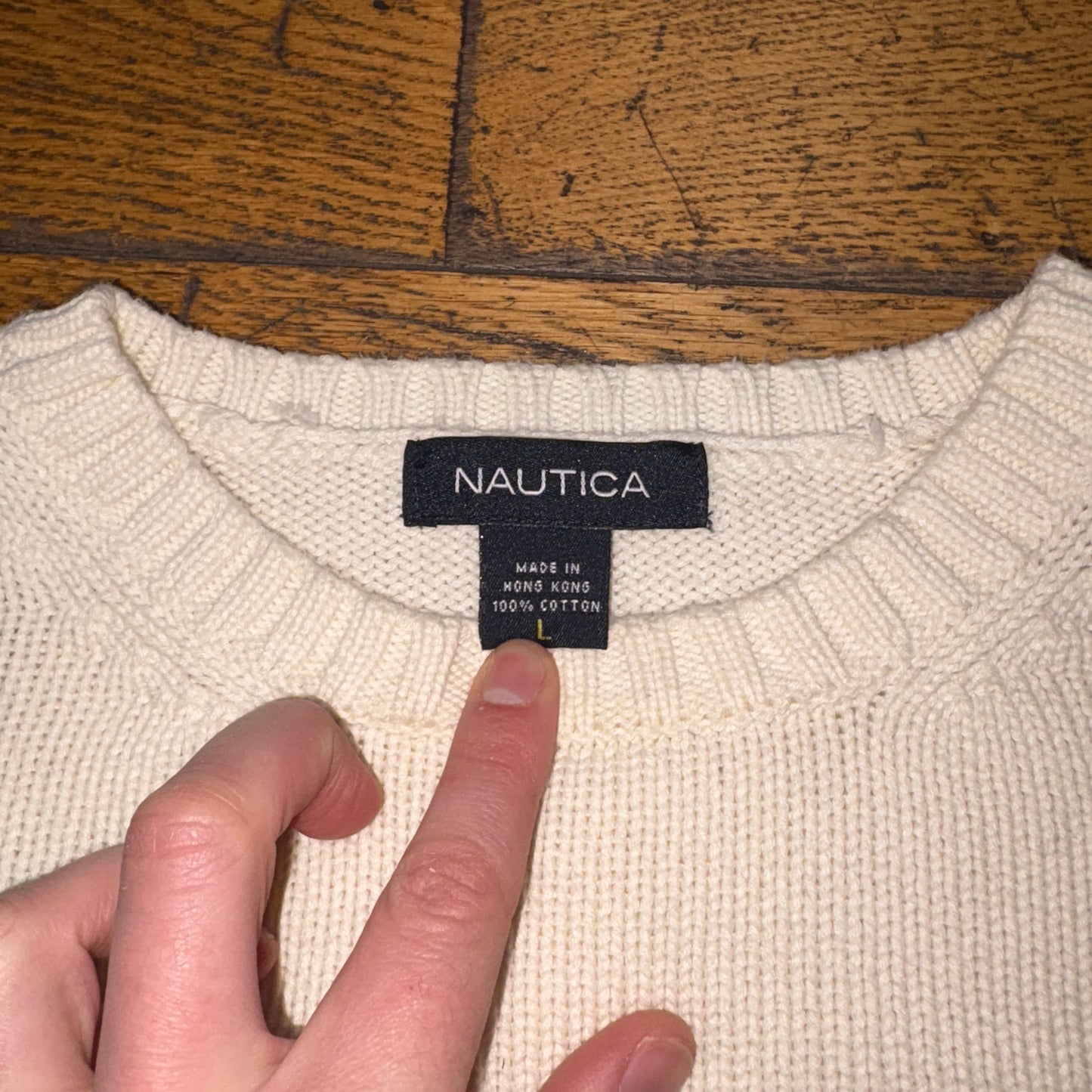 Vintage Nautica Cream Navy Stripe Embroidered Knit Jumper - XL