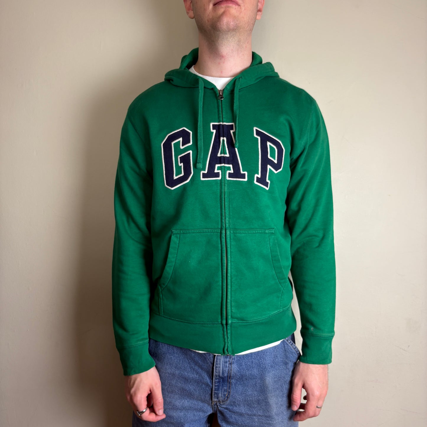 Vintage Gap Green Spellout Embroidered Zip Hoodie Sweatshirt - M