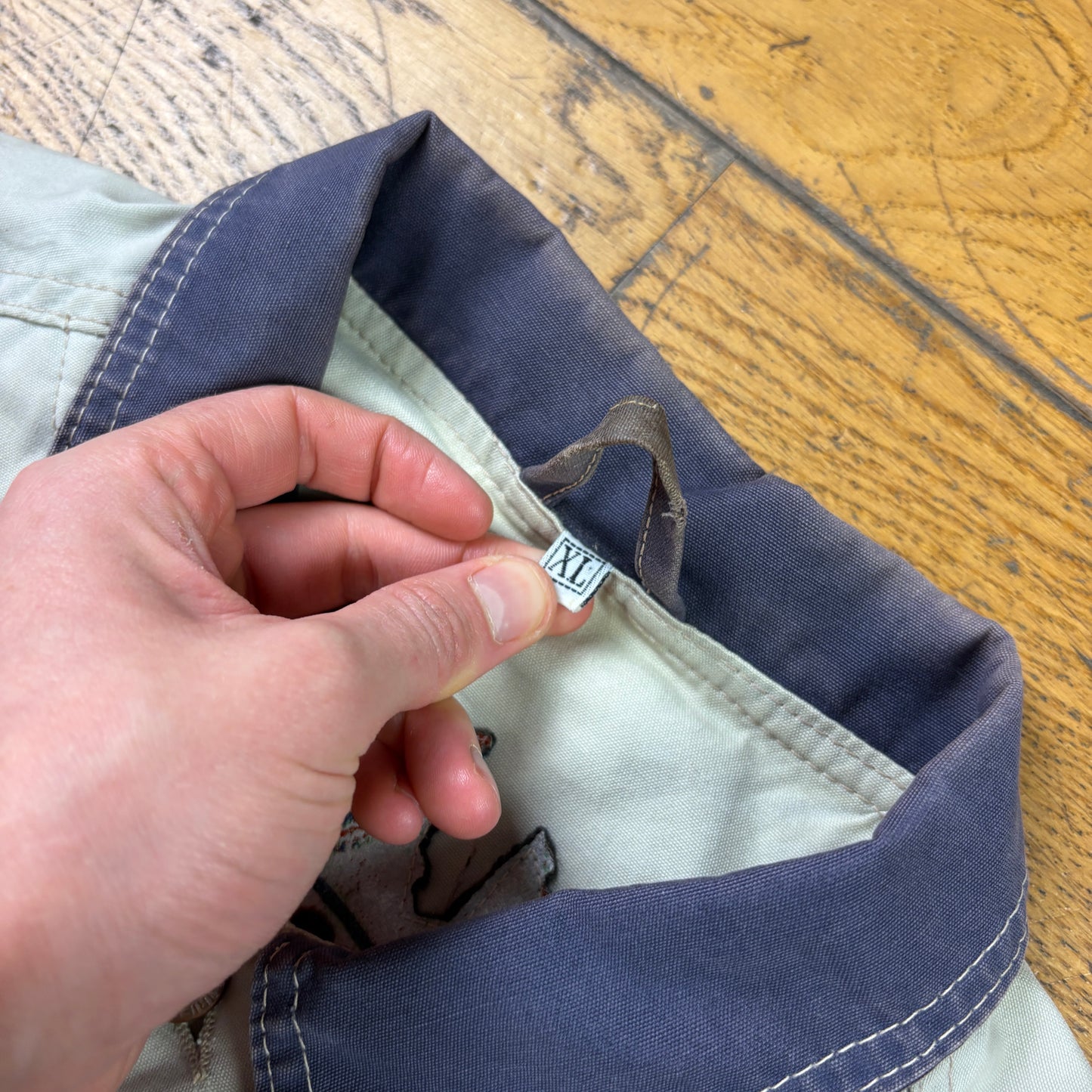 Vintage Trucker Style Cream Blue Workwear Cropped Jacket - XL