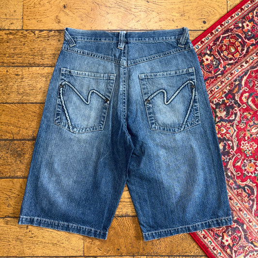 Vintage Mecca Blue Embroidered Y2K Hip Hop Baggy Jeans Shorts Jorts - 34