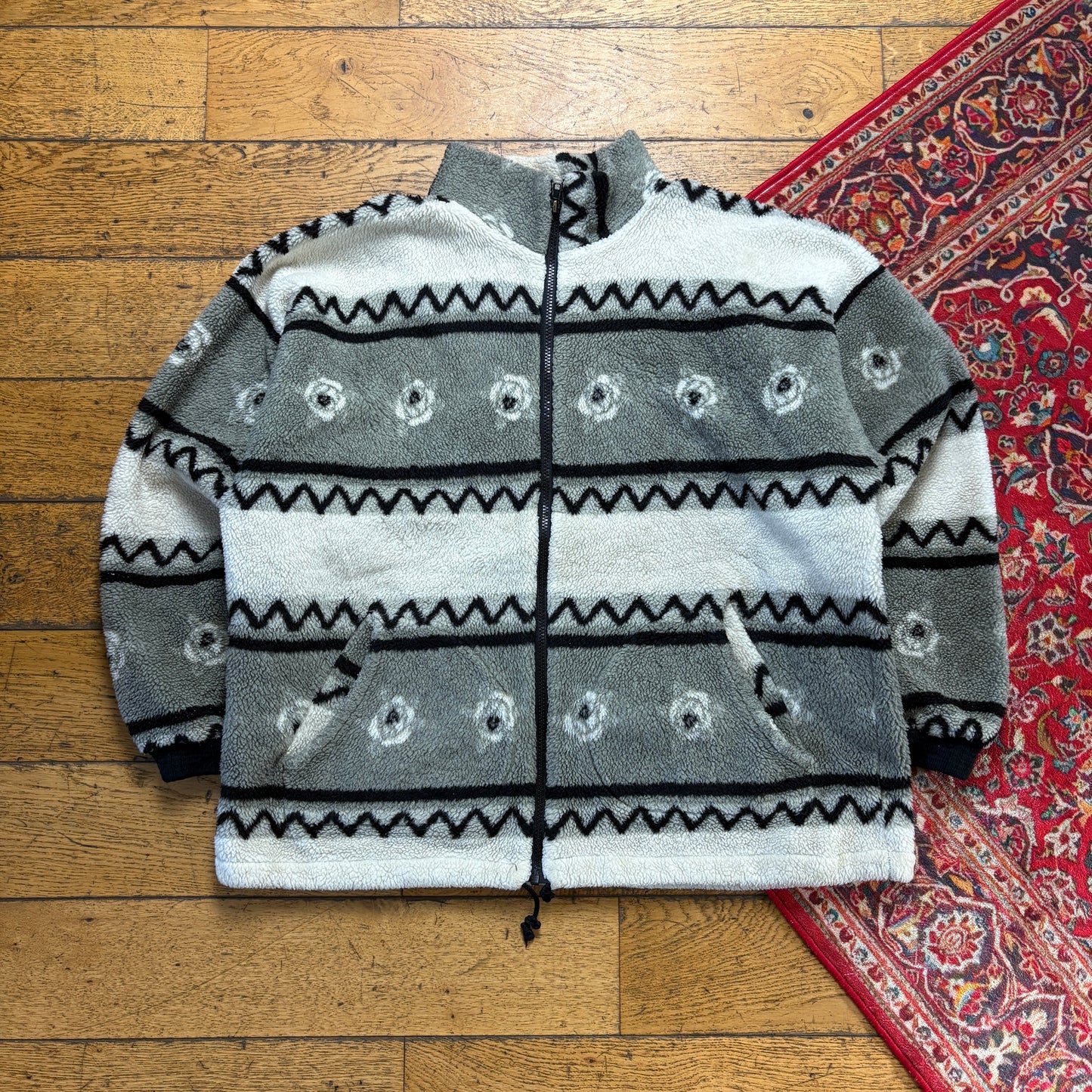 Vintage 90s Grey White Funky Crazy Pattern Fleece Embroidered Sweatshirt - XL
