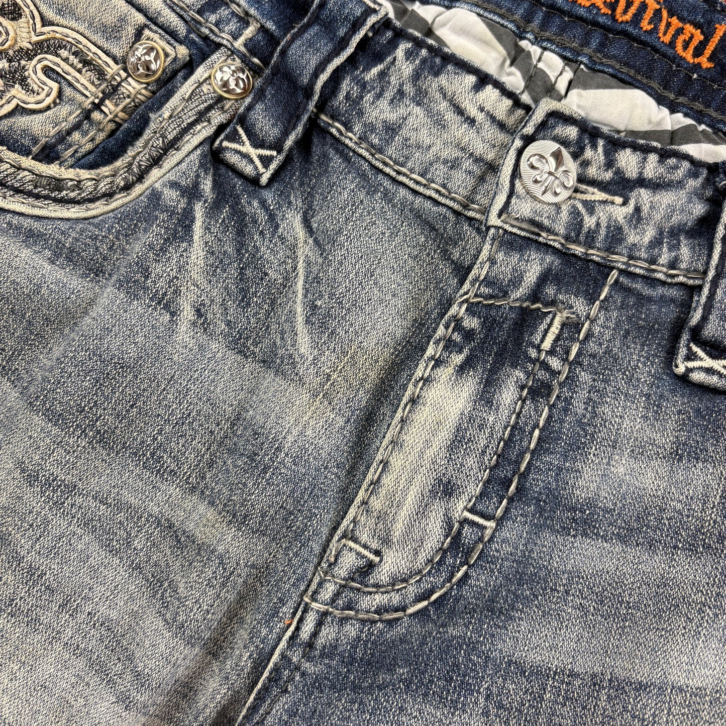 Vintage Rock Revival Blue Embroidered Y2K Hip Hop Straight Jeans - 38