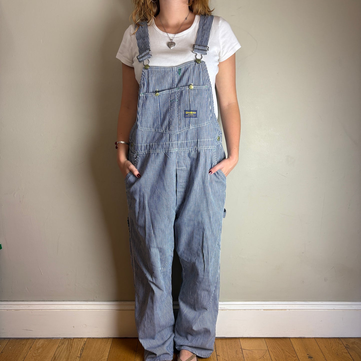 Vintage Osh Kosh Pinstripe Blue White Workwear Dungarees Overalls - M