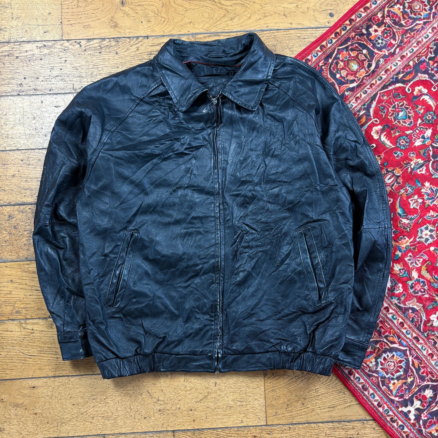 Vintage Bomber Aviator Black Leather Jacket - L