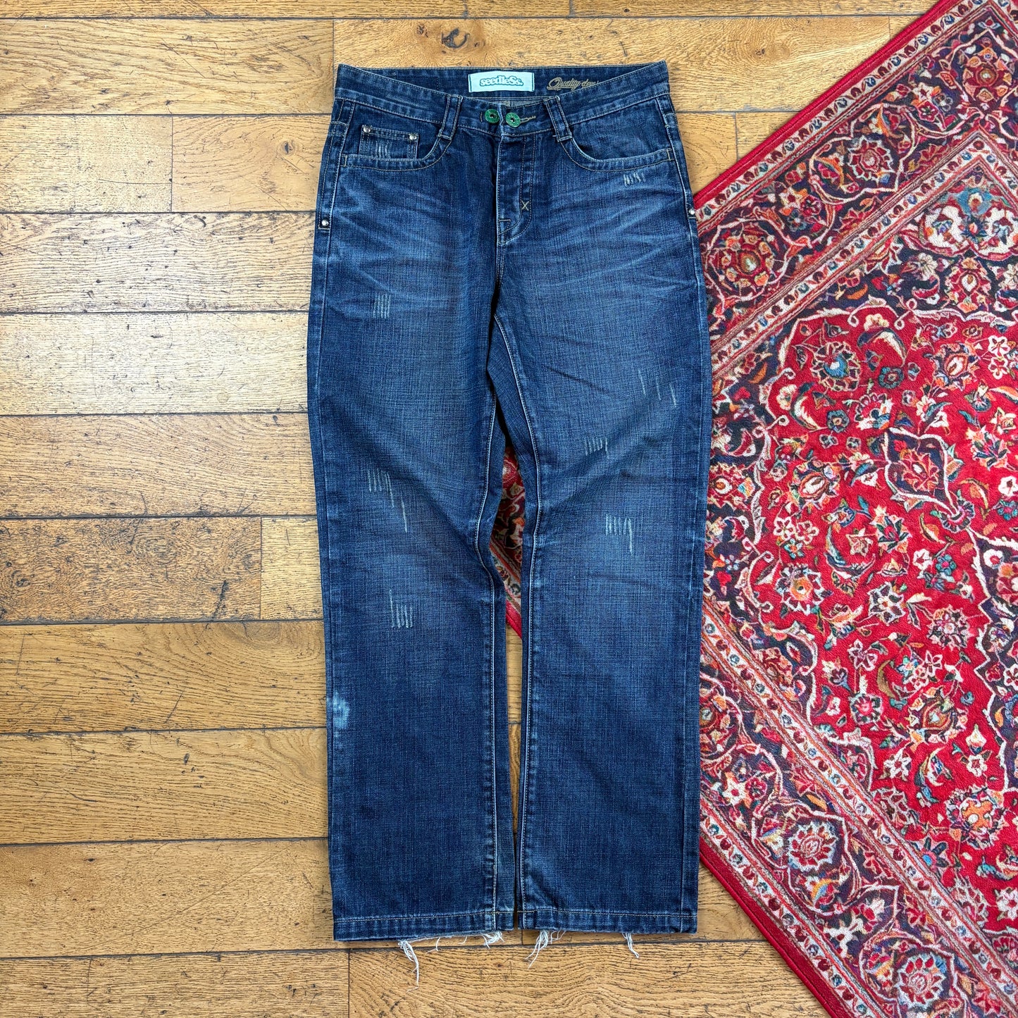 Vintage Seedless Blue Embroidered Y2K Hip Hop Straight Jeans - 32