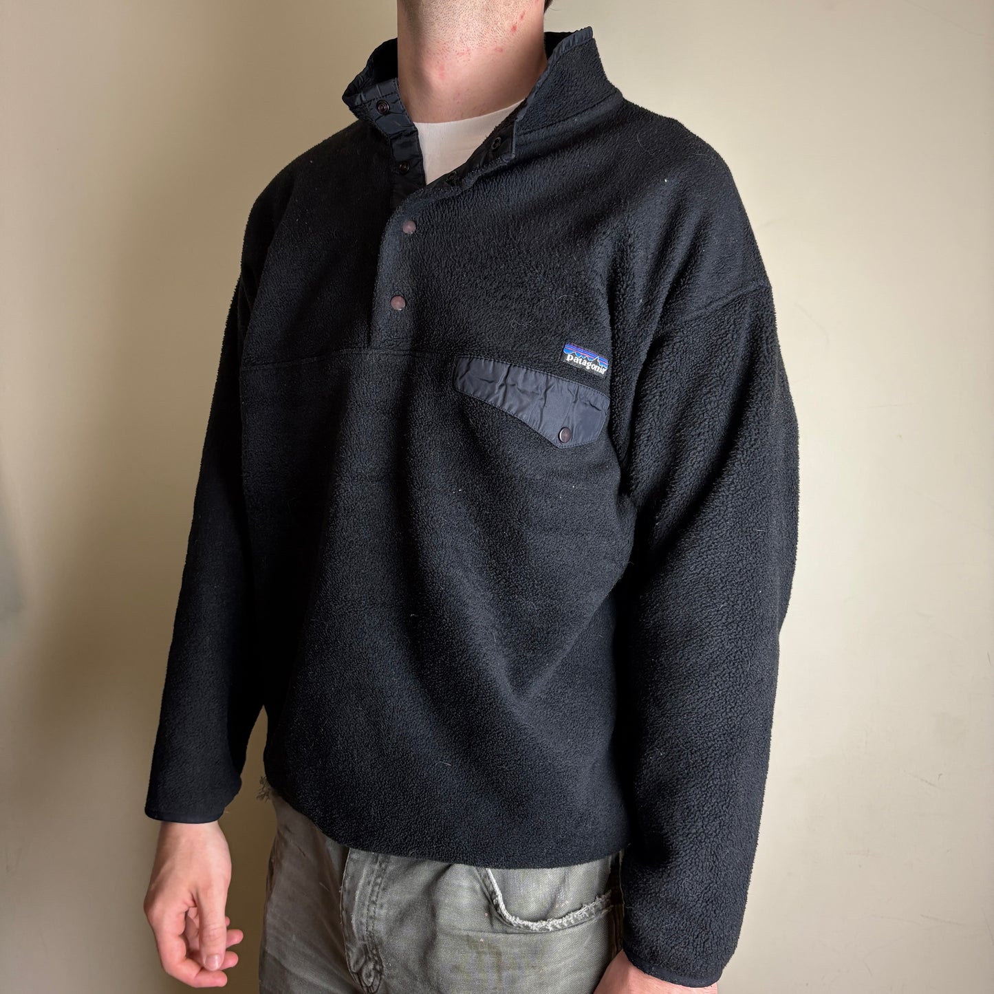 Vintage Patagonia Black Synchilla Button Fleece Jumper Jacket Pullover - L
