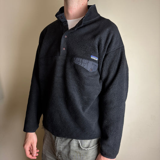 Vintage Patagonia Black Synchilla Button Fleece Jumper Jacket Pullover - L