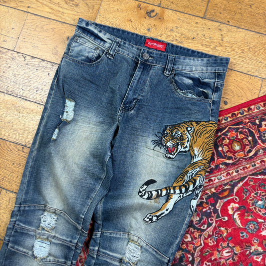 Vintage Tiger Blue Embroidered Y2K Hip Hop Slim Jeans - 34