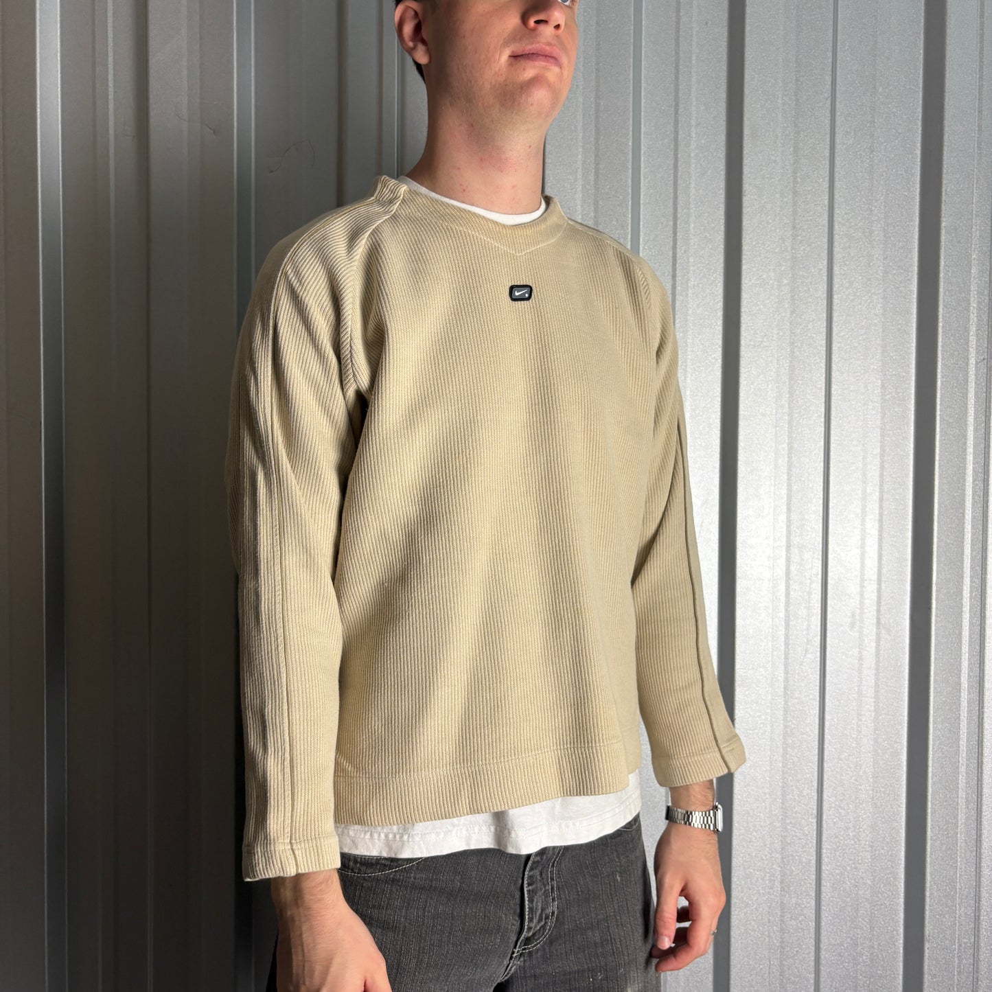 Vintage Nike Y2K 00s Cream Ribbed Swoosh Embroidered Sweatshirt - M