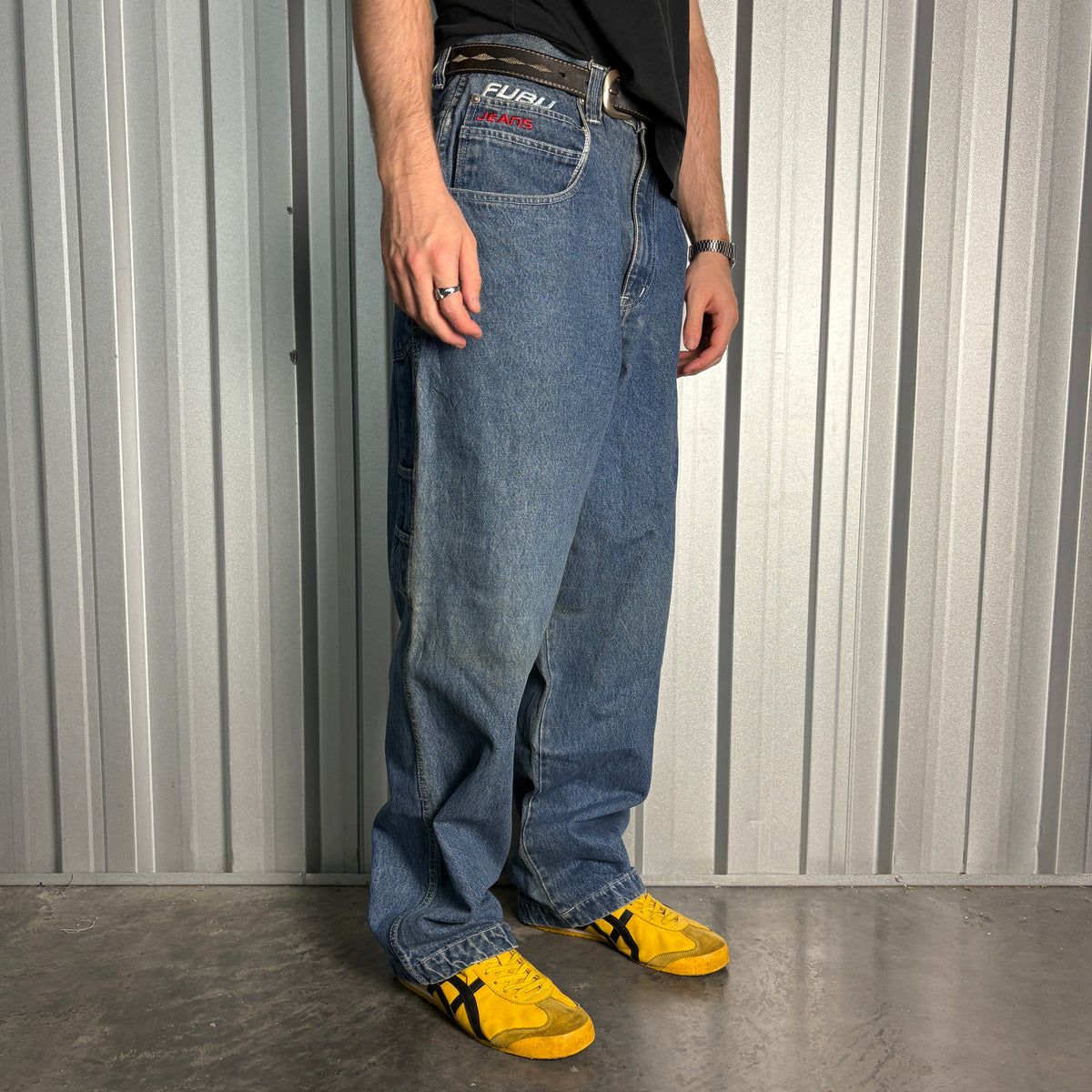 FUBU Blue Embroidered Carpenter Japanese Denim Hip Hop Y2K Baggy Jeans - 36L