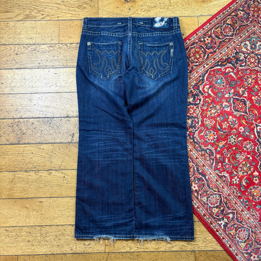 Vintage Mek Blue Embroidered Y2K Hip Hop Baggy Jeans - 38