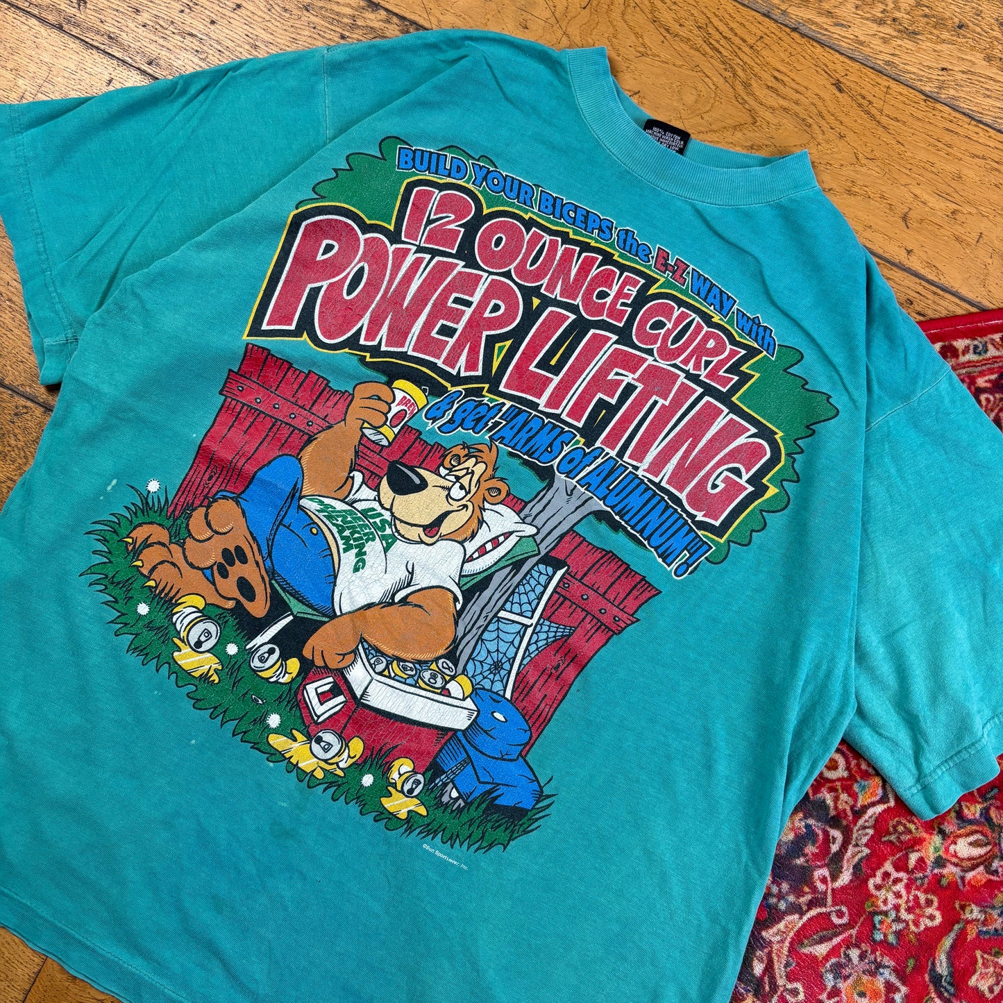 Vintage 90s Beer Gym Funny Blue Green Single Stitch Graphic T-Shirt - Xl