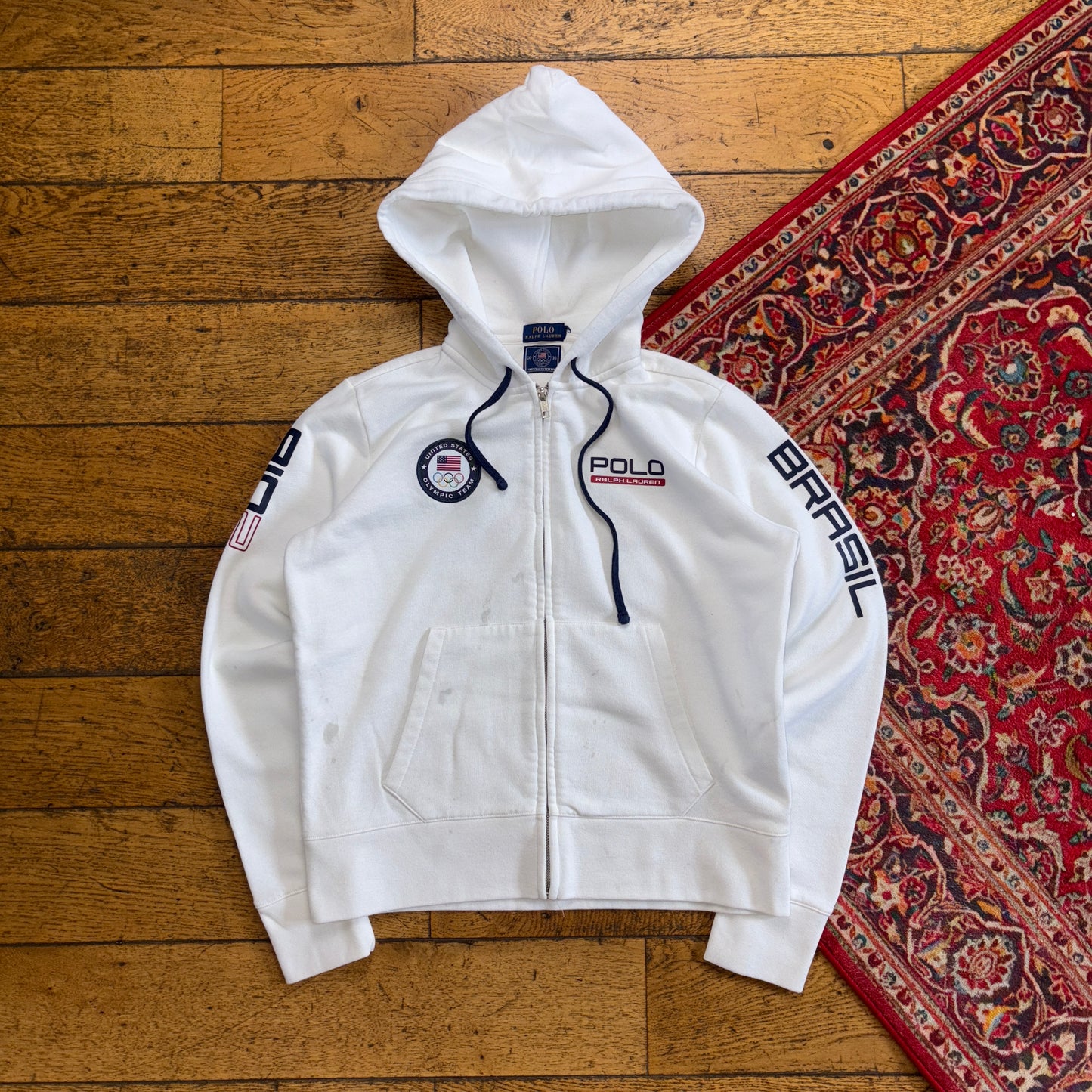 Vintage Ralph Lauren Rio 2016 USA Olympic White Hoodie Embroidered Sweatshirt -M
