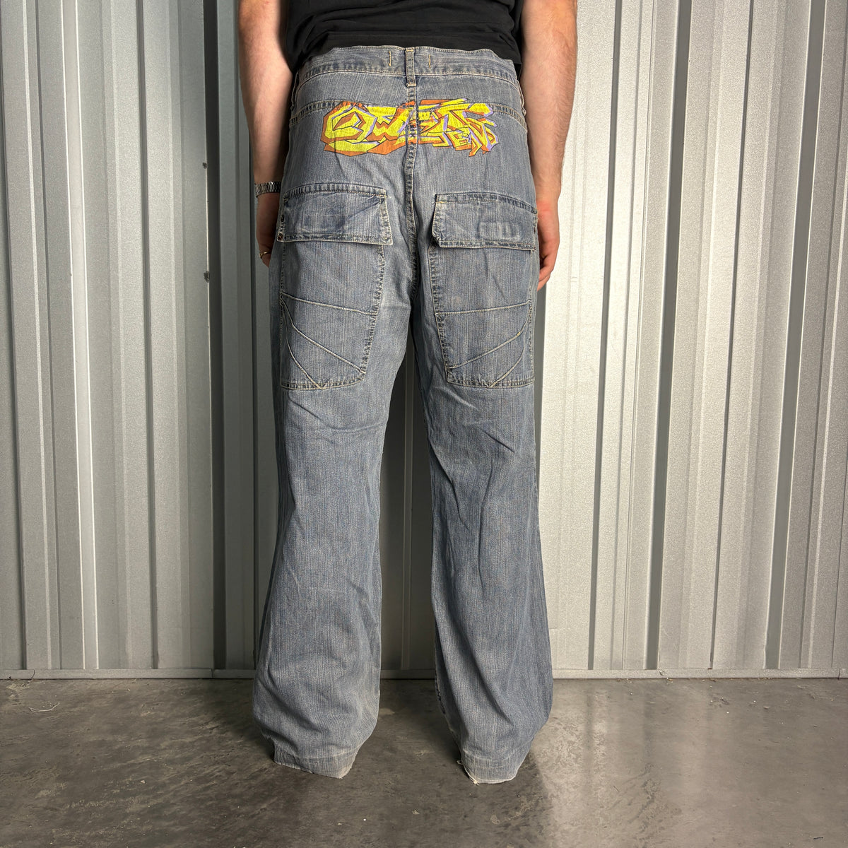 Cowest Blue Graffiti Japanese Denim Hip Hop Y2K Baggy Jeans - 34S