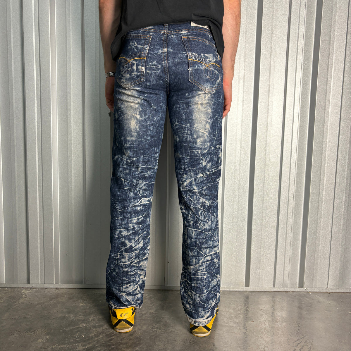 Embroidered Blue Acid Wash Grunge Japanese Denim Hip Hop Y2K Baggy Jeans - 32R