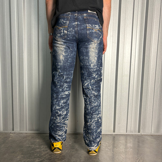 Embroidered Blue Acid Wash Grunge Japanese Denim Hip Hop Y2K Baggy Jeans - 32R