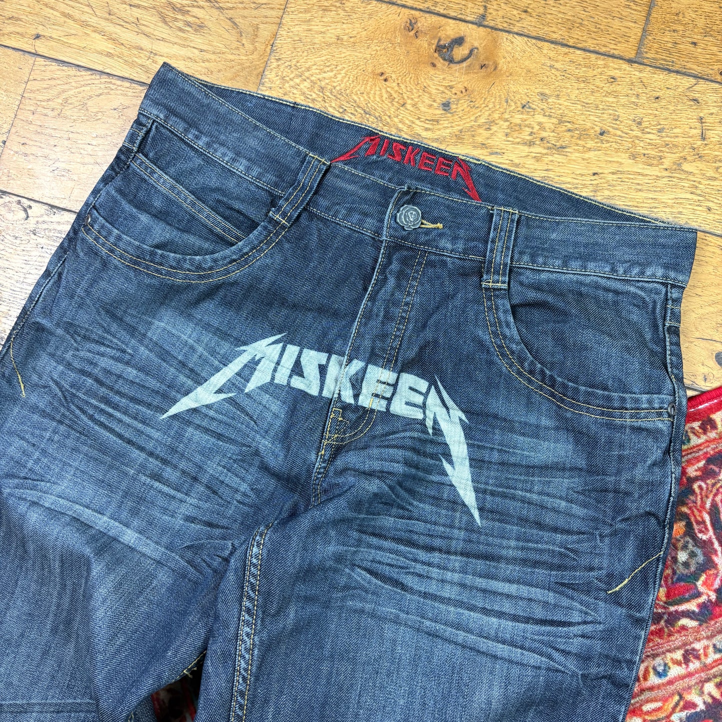 Vintage Miskeen Blue Embroidered Y2K Hip Hop Baggy Jeans - 36