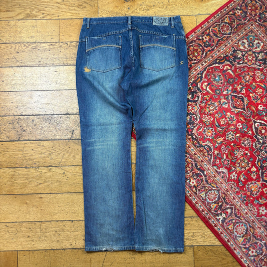 Vintage Split Blue Embroidered Y2K Hip Hop Straight Jeans - 40