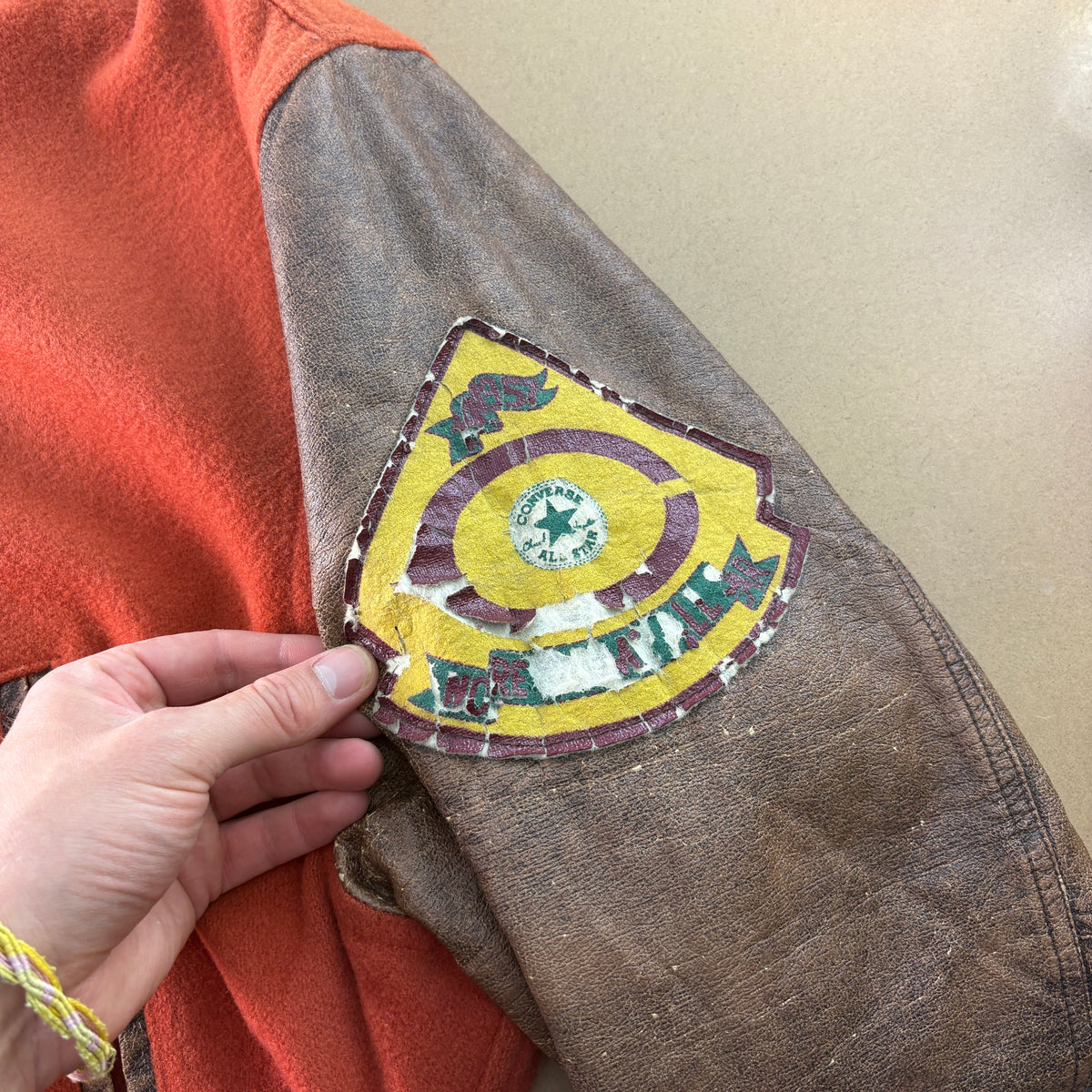 Vintage Converse 90s Orange Brown Wool Leather Varsity Boxy Letterman Jacket - L