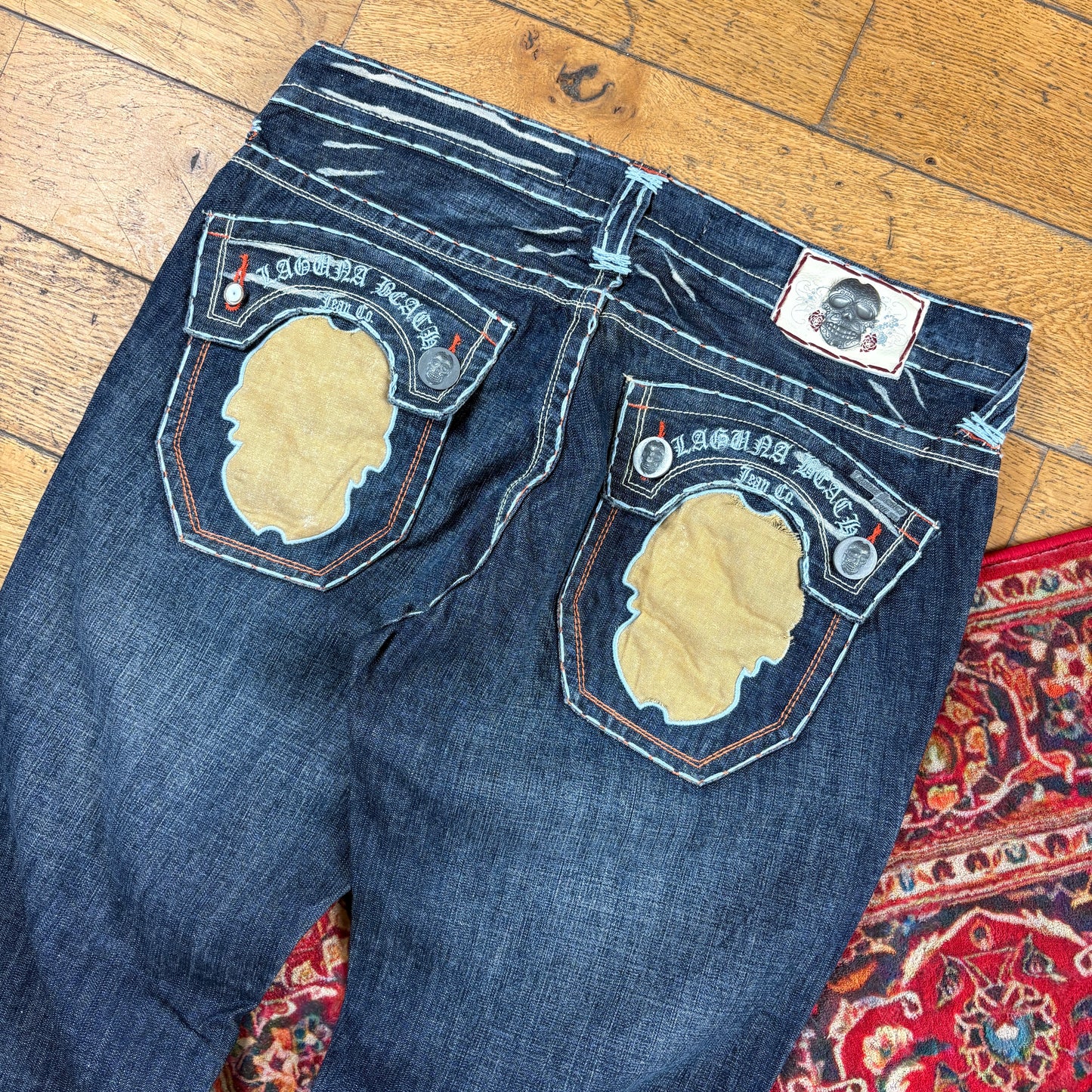 Vintage Laguna Beach Blue Embroidered Y2K Hip Hop Bootcut Jeans - 38