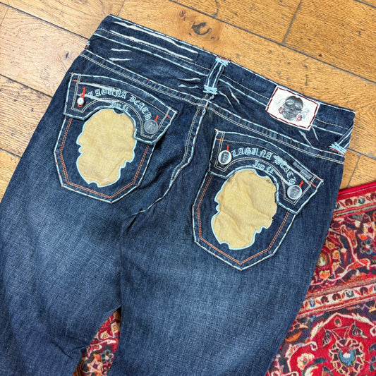 Vintage Laguna Beach Blue Embroidered Y2K Hip Hop Bootcut Jeans - 38