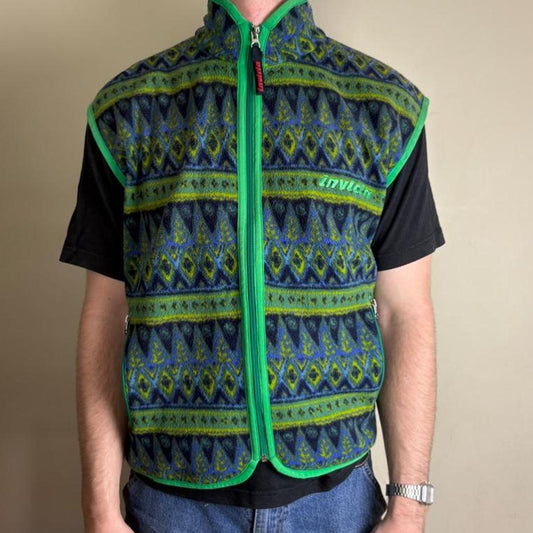 Vintage Invicta Green Pattern Fleece Gilet Vest Gorpcore Jacket - L
